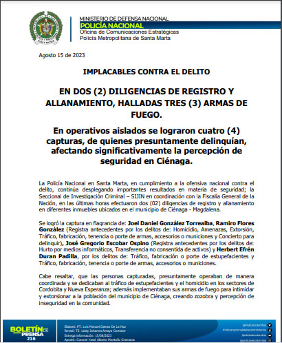 COMUNICADO OFICIAL DE LA POLICIA METROPOLITANA DE SANTA MARTA ENVIADO A ESTE MEDIO INFORMATIVO, SIENDO LA FUENTE OFICIAL A CONSULTAR PARA CASOS JUDICIALES.